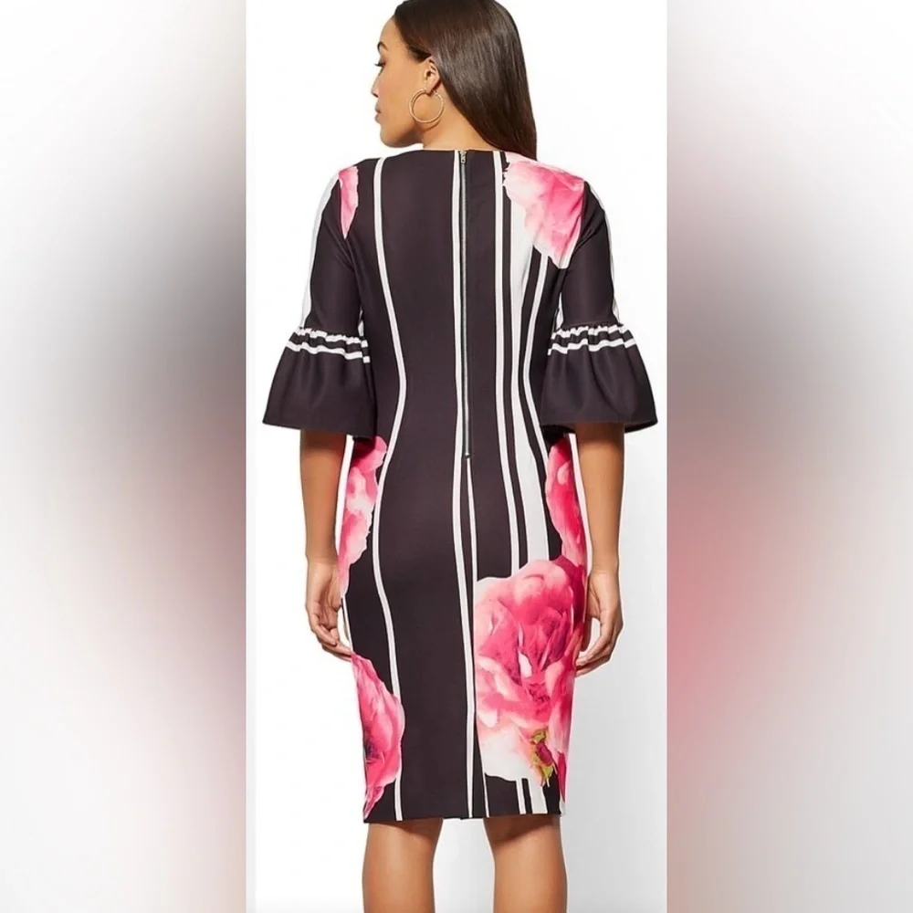 New York & Company NWT Bell-Sleeve Sheath Floral Black White Pink Shift Dress 10